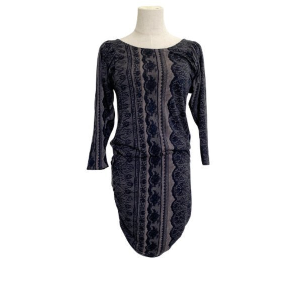 JUICY COUTURE Black and Gray 3/4" Sleeve Ruched Lace‎ Print Dress Size S